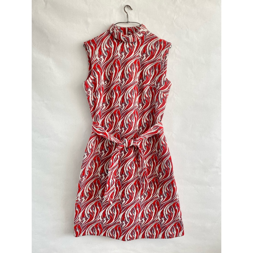 Vintage 60s Mod Puff 3D Textured Red Paisley Mock Neck Belted Shift Dress L/XL